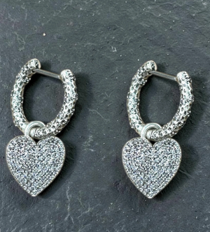 VINTAGE SILVER CRYSTAL HUGGIES WITH SLIDE ON PAVE HEARTS